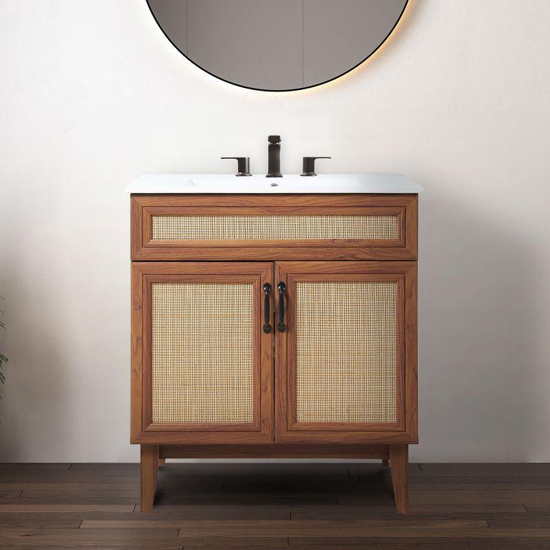 JONATHAN Y VAN1008 Javer 20 in. W x 18 in. D x 33 in. H Rattan Modern Farmhouse 2-Shelf Bath Vanity Cabinet Only (Sink Basin not Included), Oak