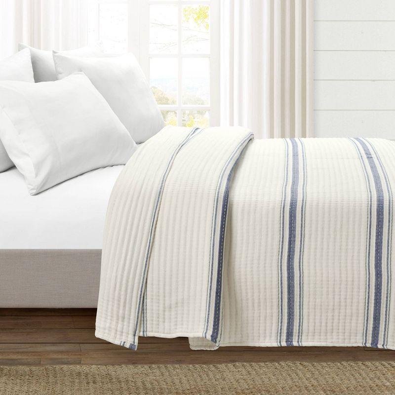 Lush Décor King Farmhouse Stripe Kantha Pick Sti Thread Counth Yarn Dyed Woven Single Quilt/Coverlet Navy: Reversible, OEKO-TEX Certified