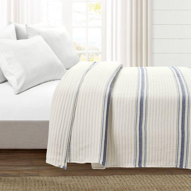 Farmhouse Stripe Kantha Pick Stitch Navy Cotton King Quilt/Coverlet