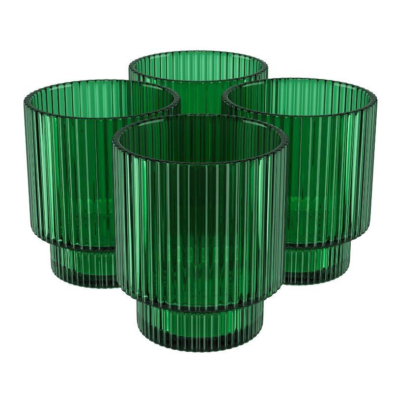 Green Fluted Glass Lowball Cocktail Tumblers Set of 4