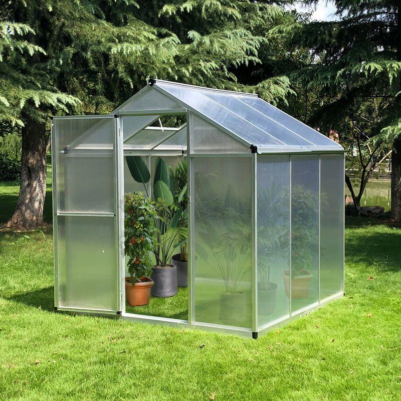 Outsunny Walk-In Polycarbonate Greenhouse with Roof Vent for Ventilation & Rain Gutter, Hobby Greenhouse for Winter