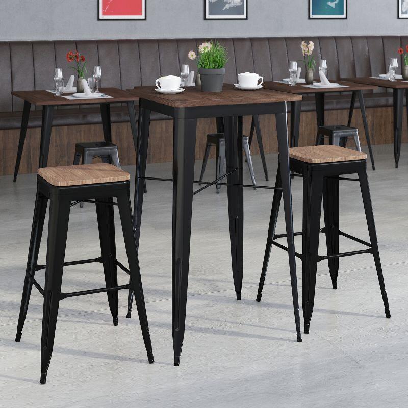 Industrial Black Metal Bar Table Set with Elm Wood Top and 2 Backless Stools