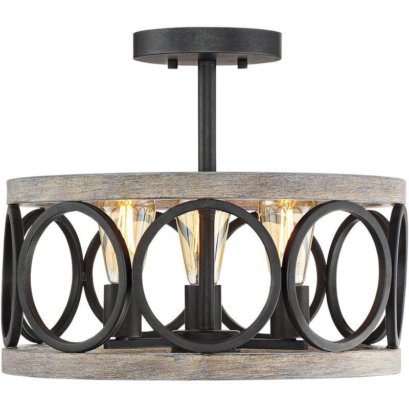 Franklin Iron Works Salima Rustic Farmhouse Ceiling Light Semi Flush Mount 16" Wide Black Gray Wood 3-Light for Bedroom Kitchen Living Room Hallway