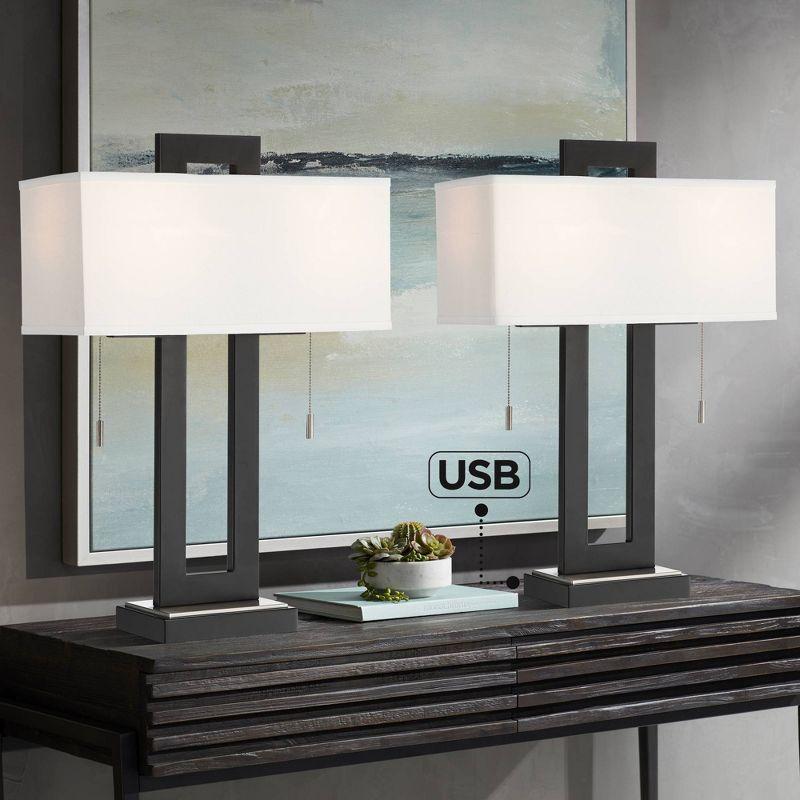 Black Metal USB Table Lamps Set with White Shades