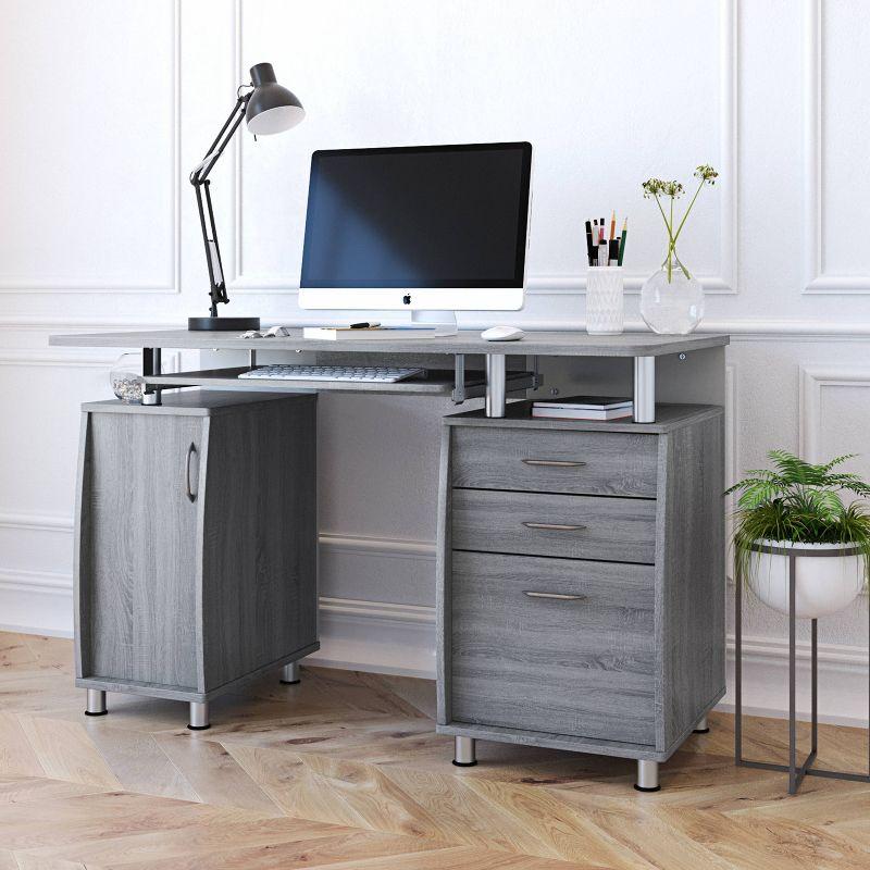 Gray Rectangular Workstation Desk with Storage and Keyboard Tray