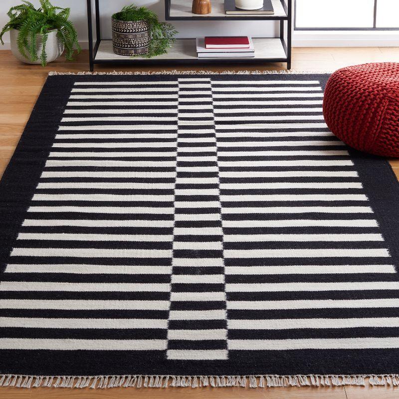 Boho Chic Beige & Black Striped Wool 4' x 6' Handmade Area Rug