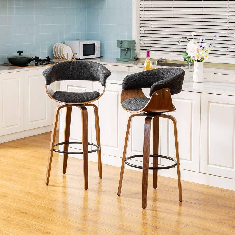 Set of 2 Mid-century Modern Walnut Bentwood Swivel Barstools - Glitzhome