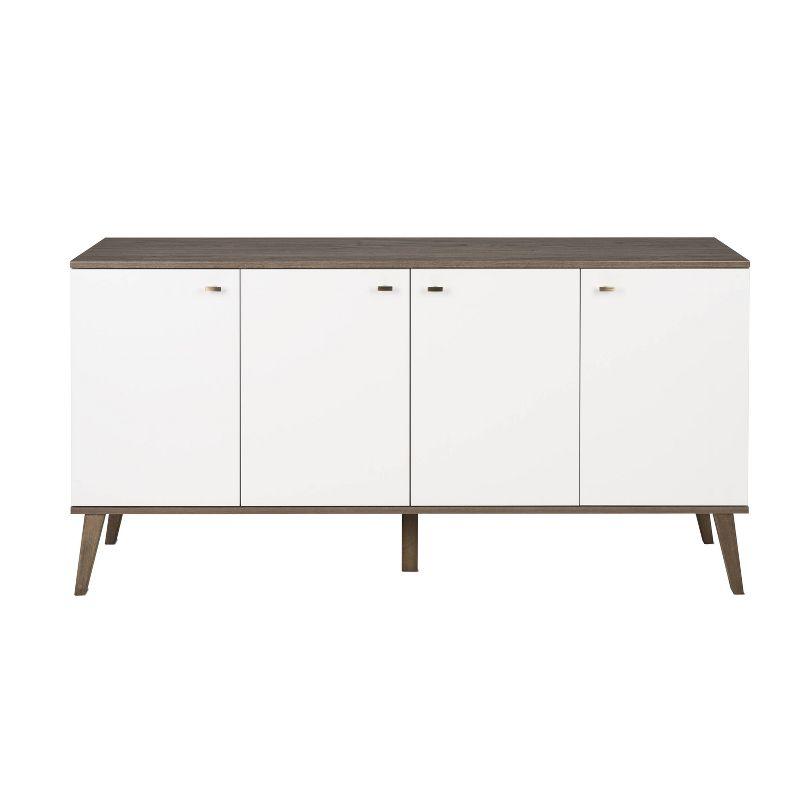 Milo Mid-Century Modern 4 Door Buffet Server Gray/White - Prepac: Laminated Composite Wood, Adjustable Shelves