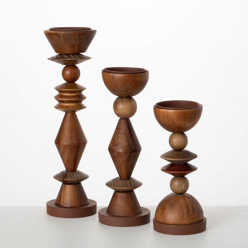 Retro Wood Geometric Candlestick Holder Set of 3