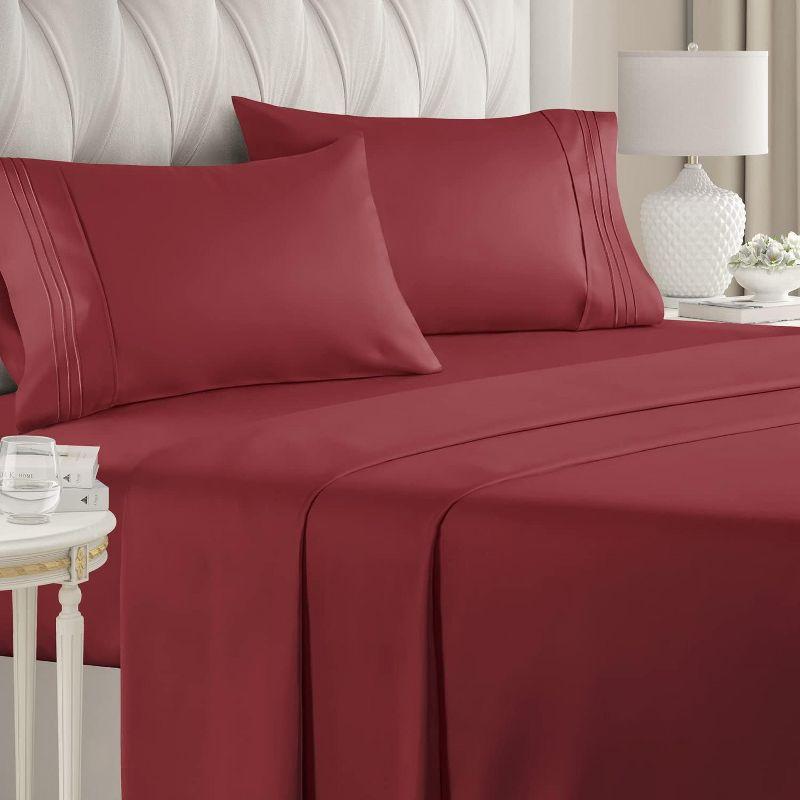 CGK Linens Luxury Soft 4 Piece Solid Bed Sheet Set - Deep Pocket Fits 8"-16" Mattresses in Burgundy, Size California King