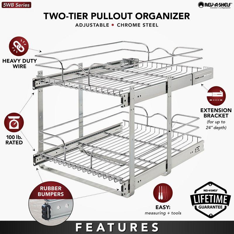 Rev-A-Shelf 5WB2 2-Tier Wire Basket Pull Out Shelf Storage for Kitchen Base Cabinet Organization, Chrome