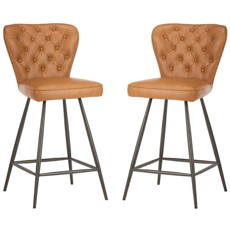 Ashby 26"H Mid-Century Modern Leather Tufted Swivel Counter Stool (Set of 2) - FOX1702 - Camel - Safavieh Couture