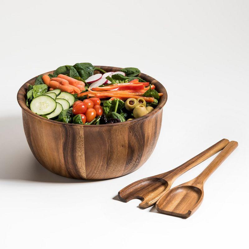 Kalmar Home Solid Acacia Wood Large Salad Bowl with Servers