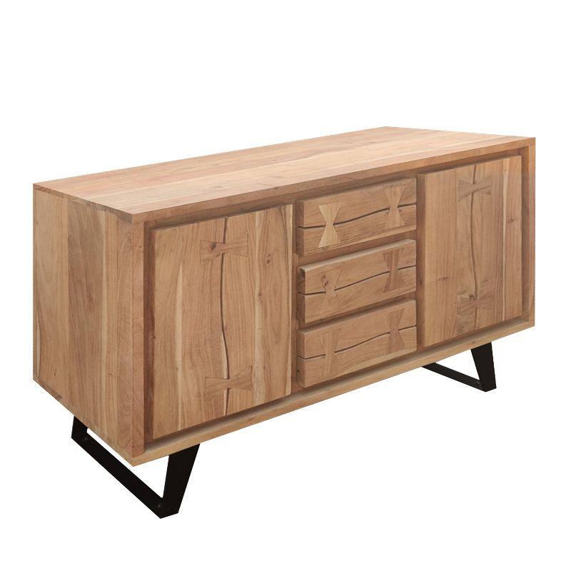 The Urban Port 40" Sideboard Buffet Console with 2 Cabinets Acacia Wood 3 Drawers Black Iron Base Brown/Black