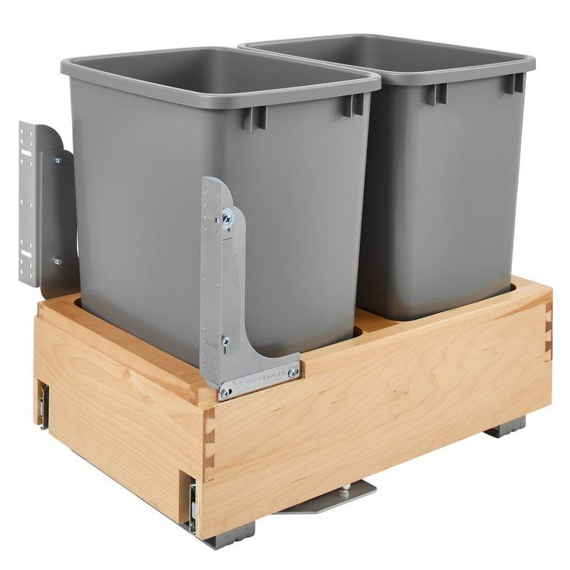 Double 35 Quart Silver Pull-Out Trash Can with Maple Base