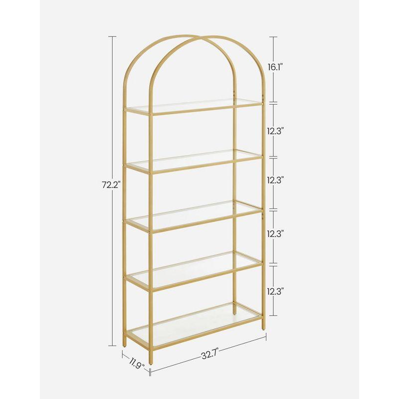 VASAGLE 5-Tier Bookshelf, 32.7 x 72.2inch, Display Storage Shelf, Tempered Glass Shelving Unit with Metal Frame, for Bedroom, Living Room, Gold