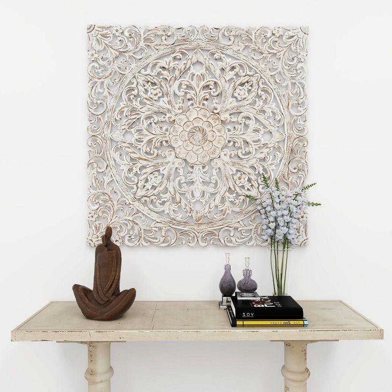 Wood Floral Handmade Intricately Carved Wood Wall Decor with Mandala Design Brown - Olivia & May: Traditional Style, Botanical Art