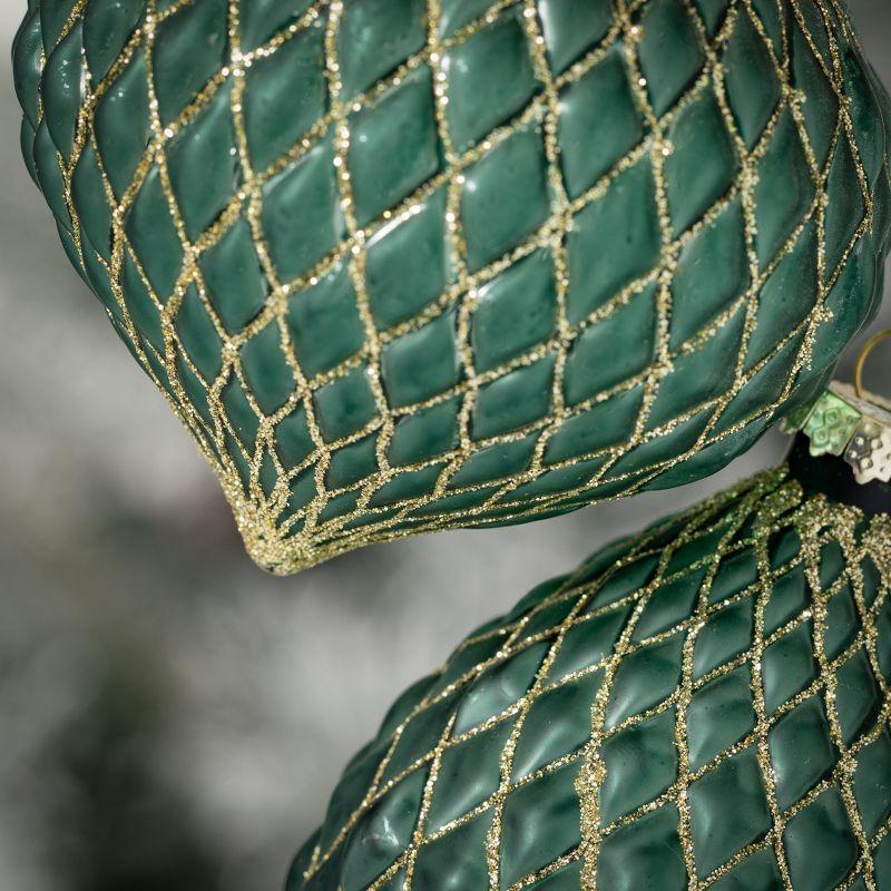 5.5"H and 4"H Evergreen Glass Ball Ornaments with Gold Accents - Set of 2