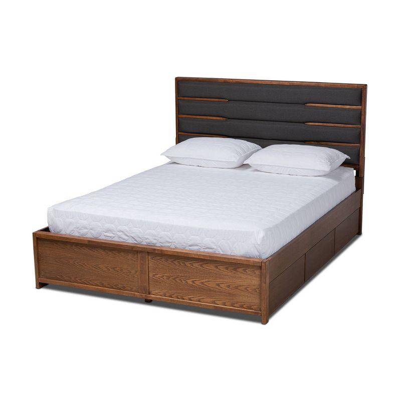 Elin Walnut King Storage Bed with Grey Upholstered Headboard