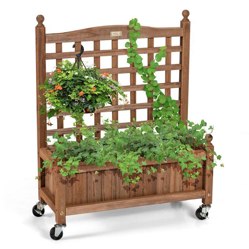 Natural Fir Wood Planter Box with Trellis and Wheels