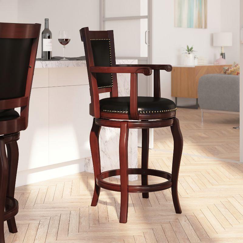 Merrick Lane 26" Cherry Wood Panel Back Counter Stool with Arms and Black Faux Leather Swivel Seat