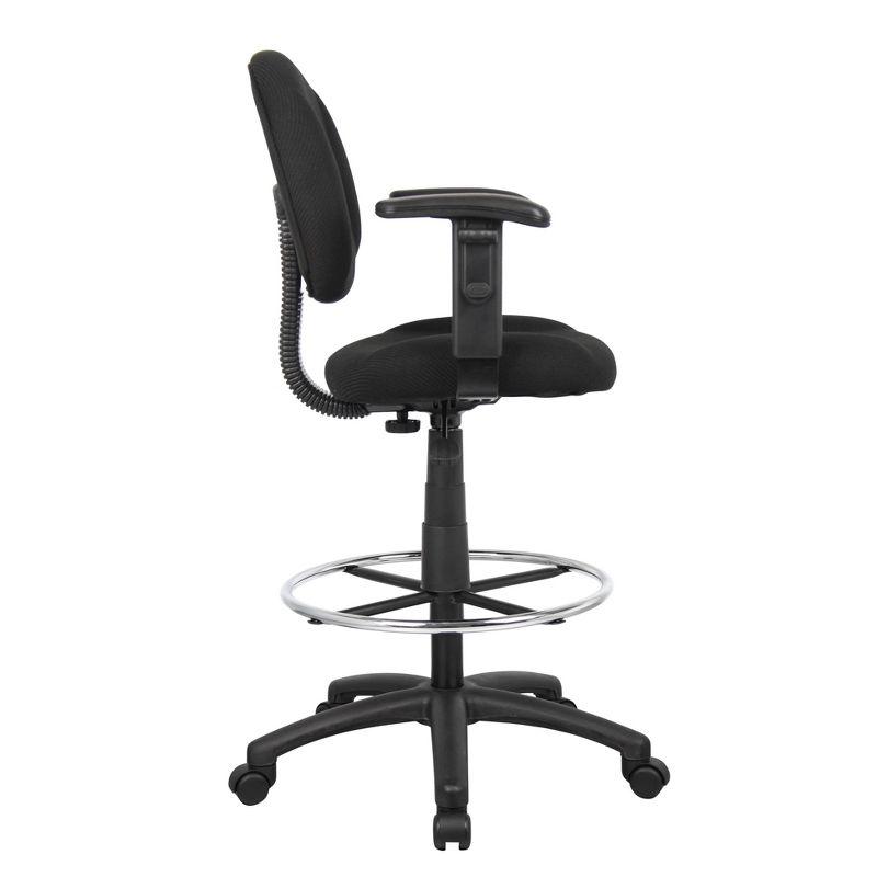 ErgoComfort Black Tweed Drafting Stool with Adjustable Arms and Chrome Footring