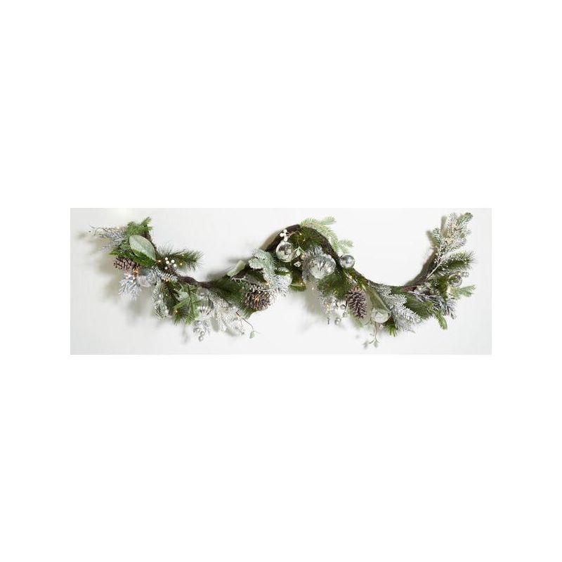 Faux Snowy Pine Garland with Silver Ornaments and LED Lights