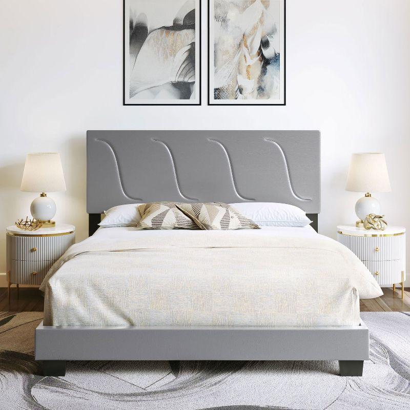 Boyd Sleep VMI0404GYEK Brussels Faux Leather Upholstered King Size Platform Bed Frame with Decorative Headboard and Wood Slat Supports, Grey