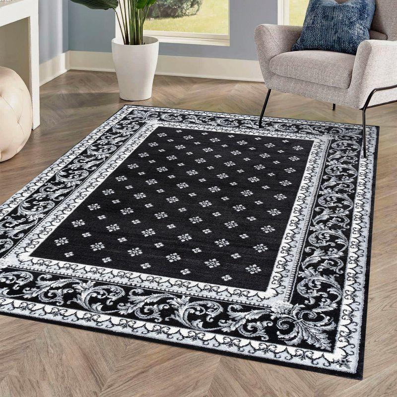 Elegance Acanthus French Border Synthetic Area Rug in Black/Gray