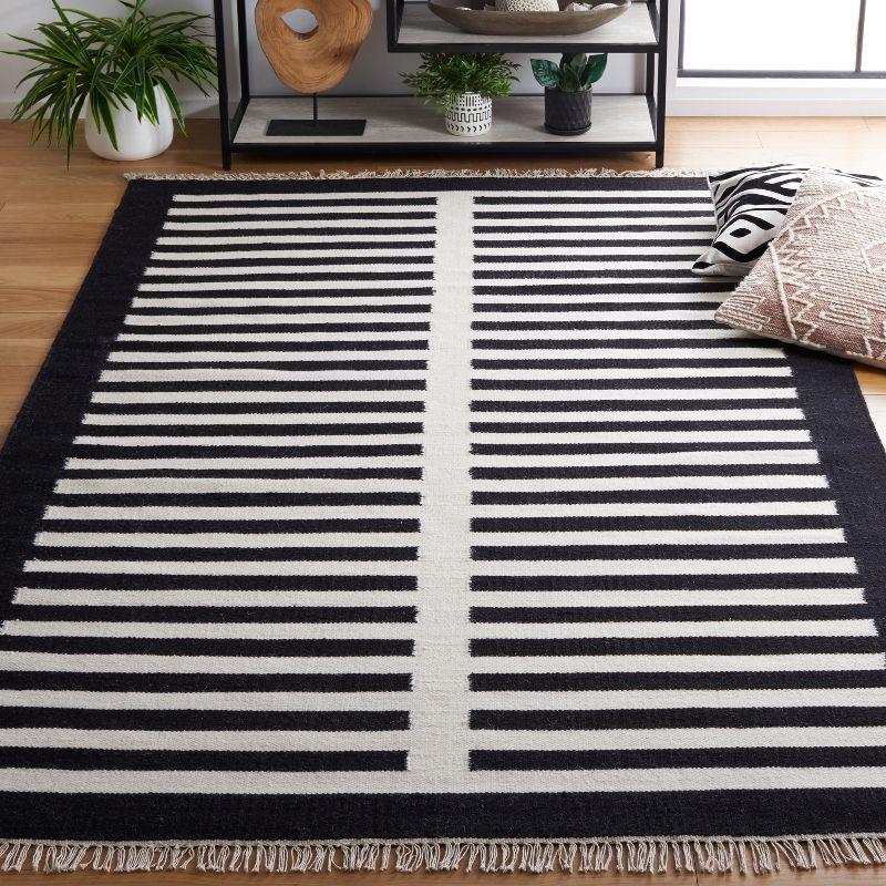 Black and Ivory Striped Wool 5' x 8' Flat Weave Rug