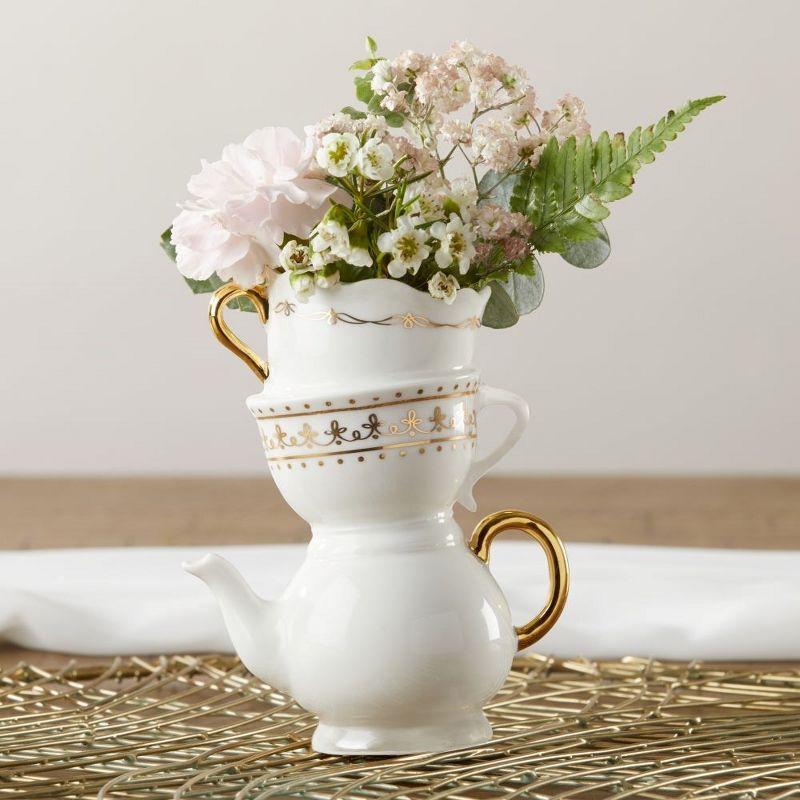 Whimsical White and Gold Ceramic Teapot Bud Vase