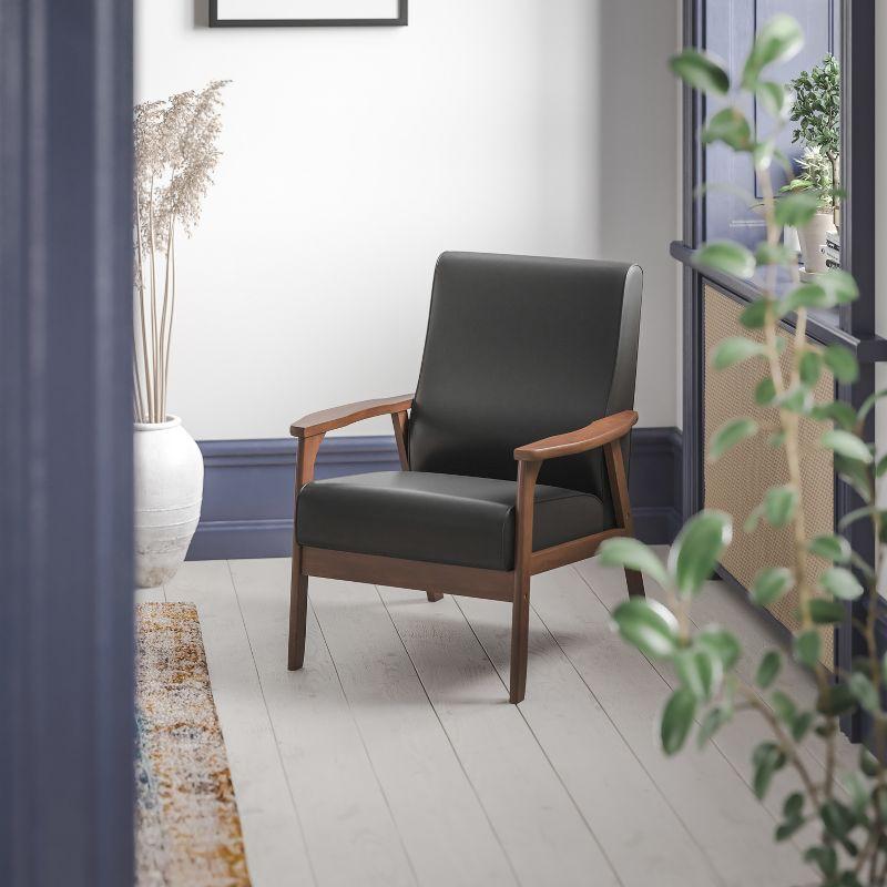 Flash Furniture Langston Commercial Grade LeatherSoft Upholstered Mid Century Modern Arm Chair with Walnut Finished Wooden Frame and Arms in Cognac