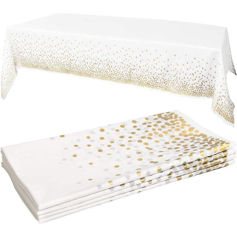 Elegant White and Gold Dot Plastic Rectangular Tablecloths, 4-Pack