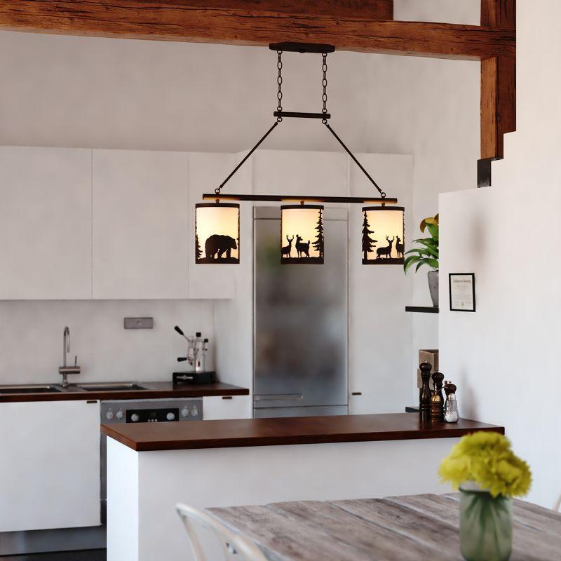 VAXCEL Acadia 3L Bronze Rustic Linear Chandelier Island Pendant Light Fixture Bear and Tree