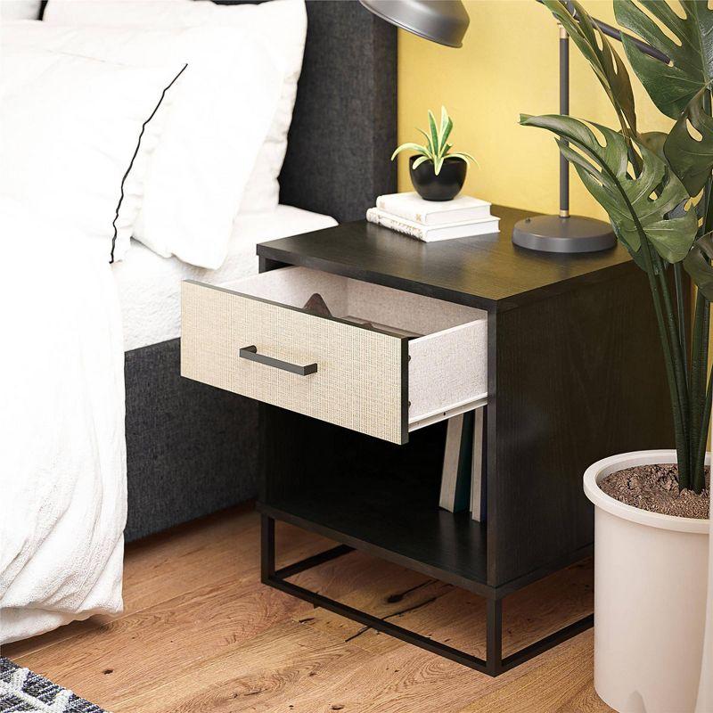 Coastal Charm Black Oak & Faux Rattan Nightstand with Drawer