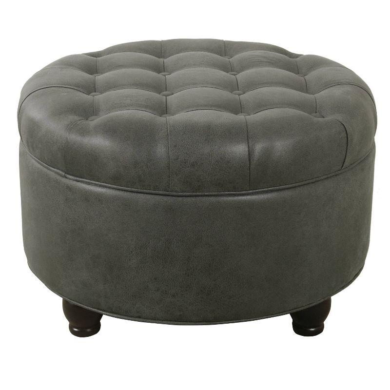 Large Tufted Round Storage Ottoman Faux Leather Gray - HomePop: Modern Upholstered Bench with Hardwood Frame