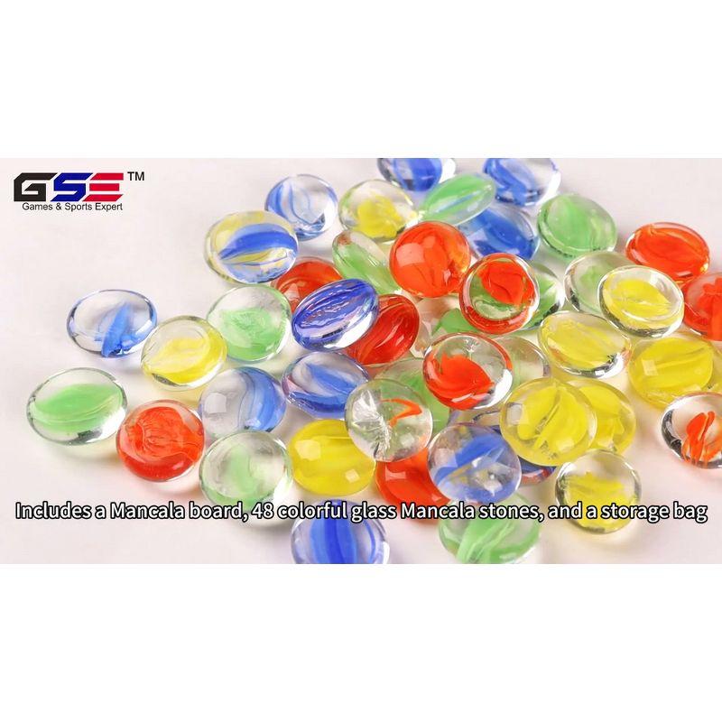 GSE Folding Wooden Mancala Board Game with Multi-Color Glass Stones and Storage Bag, Travel Game - Oak