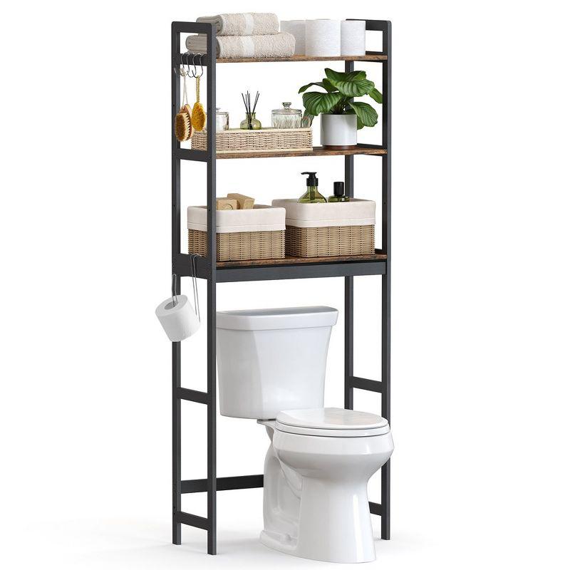 SONGMICS Over-The-Toilet Storage, 3-Tier Bathroom Organizer Over Toilet with Adjustable Shelves,Toilet Paper Holder, Rustic Brown and Ink Black