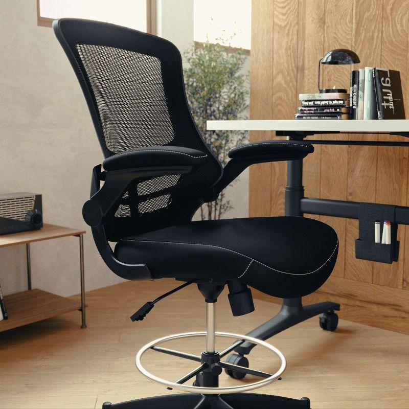 Flash Furniture Kelista Mid-Back Black Mesh Ergonomic Drafting Chair with LeatherSoft Seat, Adjustable Foot Ring and Flip-Up Arms