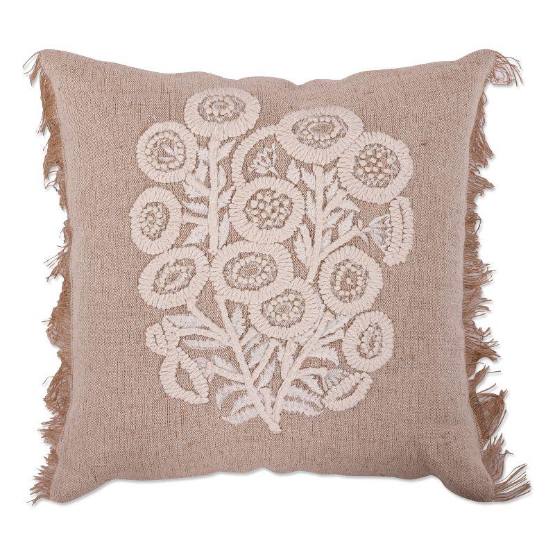 Posie Natural Embroidered Cotton Jute Square Throw Pillow