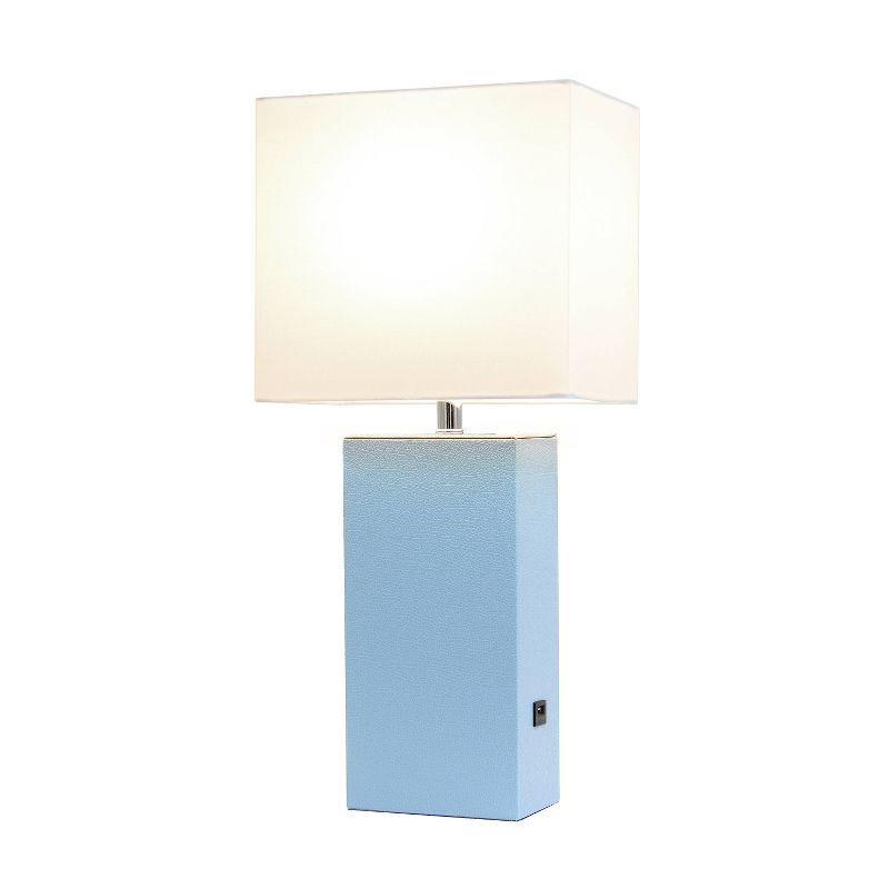 Periwinkle Leather Table Lamp with USB and White Fabric Shade