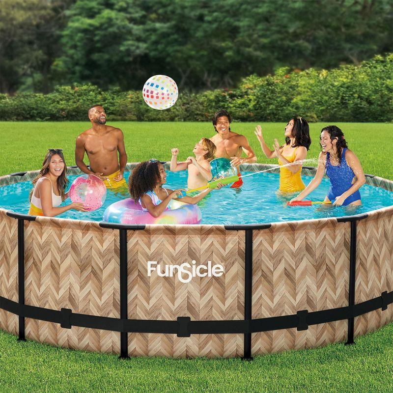 Funsicle 14' x 42" Oasis Designer Round Frame Outdoor Above Ground Swimming Pool Set with SkimmerPlus Filter Pump and Pool Cover, Oak Herringbone