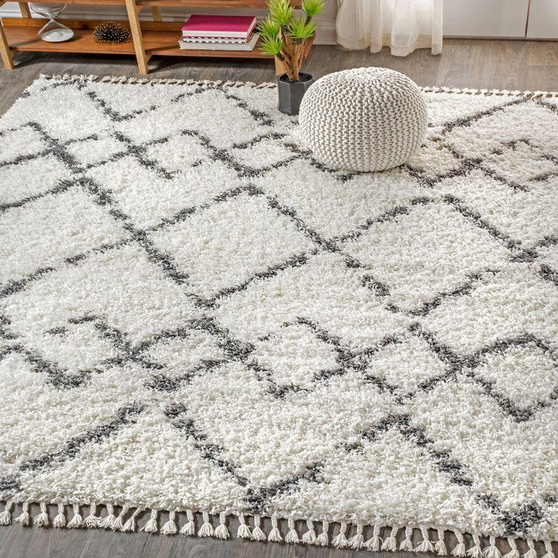 8'x10' Mercer Shag Plush Tassel Moroccan Geometric Trellis Area Rug, Cream/Grey - JONATHAN Y