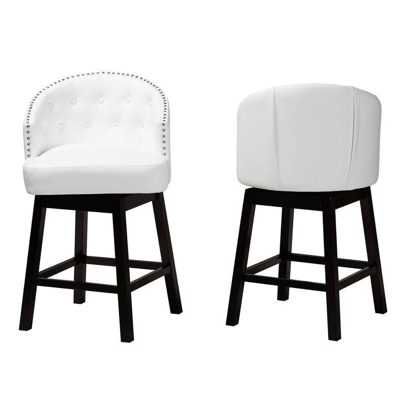2pc Theron Faux Leather and Wood Swivel Counter Height Barstools Set White/Espresso Brown - Baxton Studio: Rubberwood Frame, 27" Fixed Height