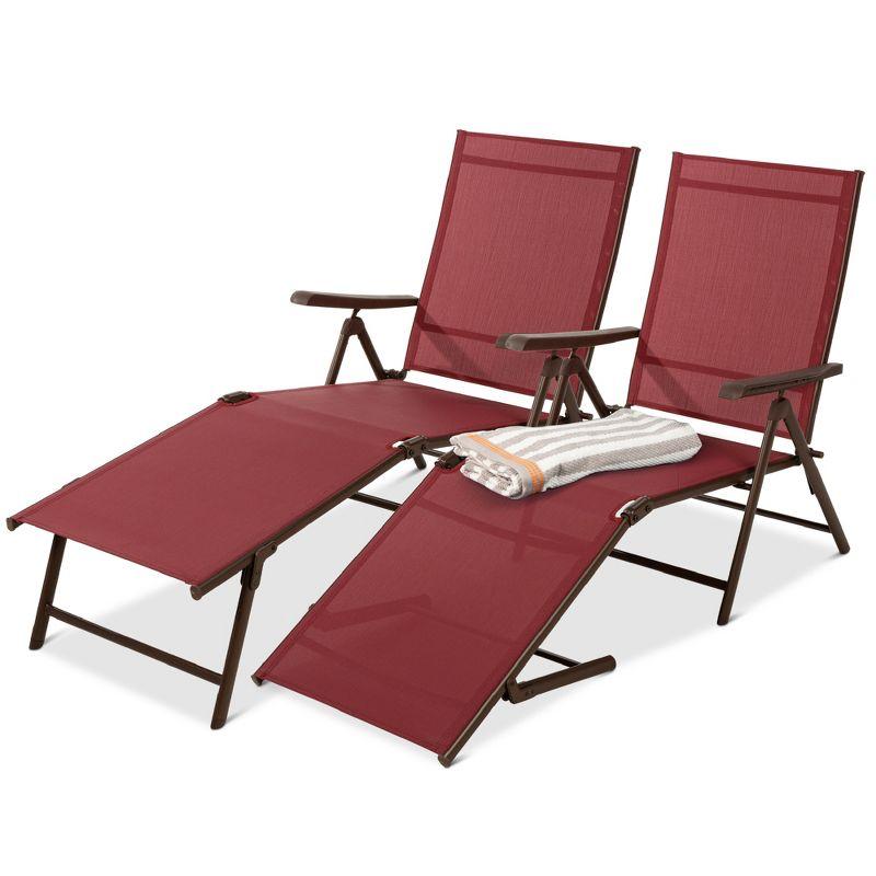 Best Choice Products Set of 2 Outdoor Patio Chaise Lounge Chair Adjustable Folding Pool Lounger w/ Steel Frame - Red