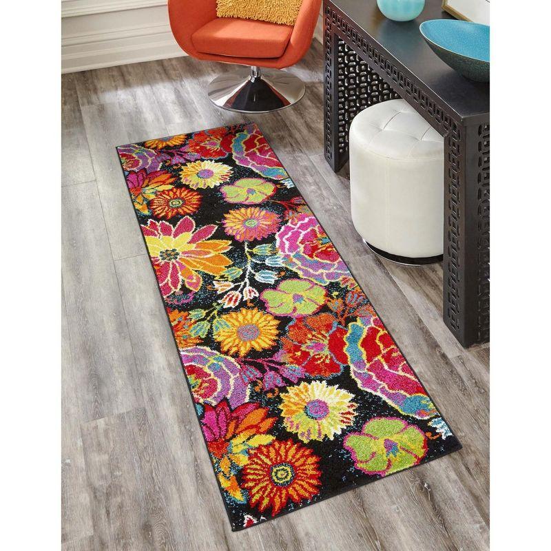 Lyon Kennedy Floral Black and Yellow 2' x 6' Synthetic Runner Rug