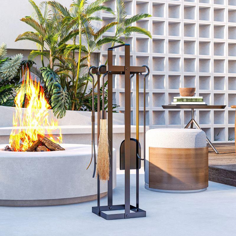 Outsunny 5 Piece Fireplace Tools Set, Metal Fireplace Accessories Set with Brush, Poker, Shovel, Tongs and Stand for Indoor or Outdoor Chimney, Black