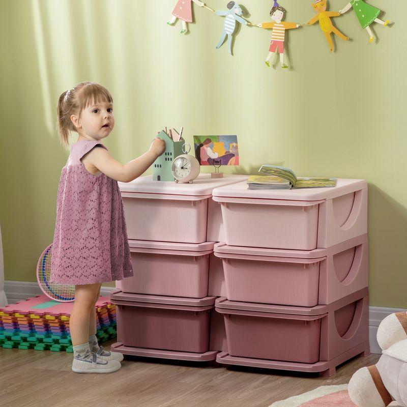 Pink and Burgundy 6-Drawer Kids Storage Unit with Plastic Bins