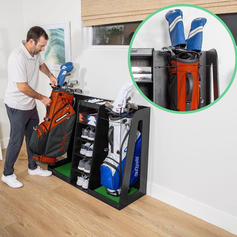 GoSports Premium Wooden Freestanding Golf Bag Organizer and Storage Rack