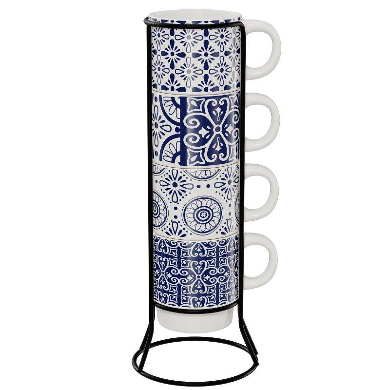 Blue Ceramic Stackable Mug Set with Metal Rack, 14 oz, 4-Piece